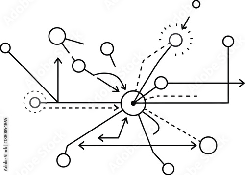 Abstract diagram illustrating complex tactical movement analysis involving multiple interacting nodes and directional pathways suggesting strategic planning or sports choreography visualization