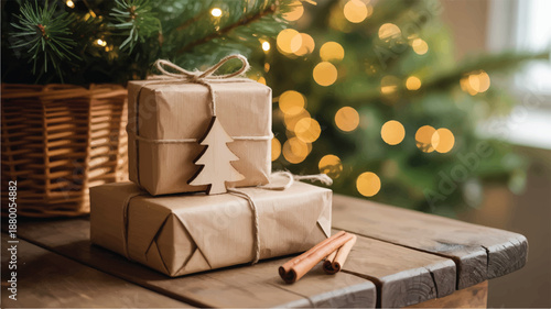 Wrapped gifts on a wooden table next to a Christmas tree and wicker basket