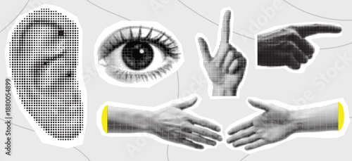 Collage of human sensory organs and hands in various gestures, illustrating communication and perception.