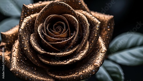 Luxurious bronze rose with glistening water droplets, symbolizing elegance and enduring beauty.