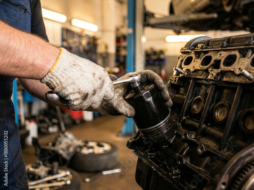 Professional Mechanic Changing Oil Filter on a Car Engine in Workshop