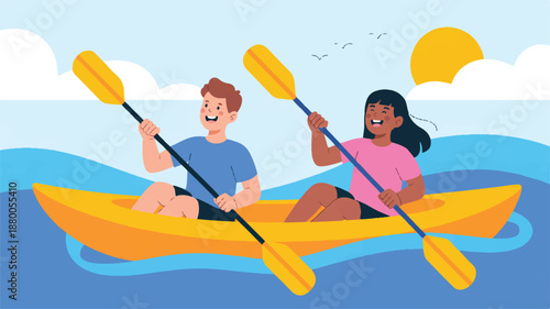 young couple paddling on a yellow kayak in blue water on a sunny day