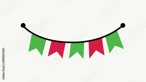 Colorful festive bunting with green and red flags on a string