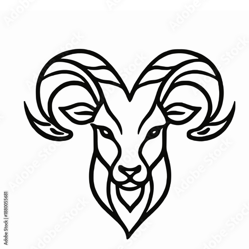 The majestic ram, a symbol of strength and determination, depicted in a minimalist style. The artwork showcases the animal's prominent horns and stoic gaze isolated on white background.generative ai