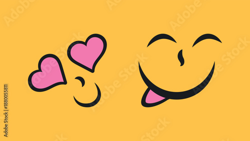 Smiling face with hearts and winking tongue on yellow background