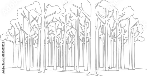 Simple continuous line drawing depicting a dense forest scene composed of numerous tall, stylized trees standing closely together on a flat ground plane against a white background ready for coloring.