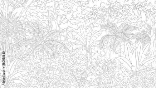 Detailed black and white line art illustration depicting a dense and lush tropical jungle environment filled with various exotic plants and towering trees perfect for coloring activities.