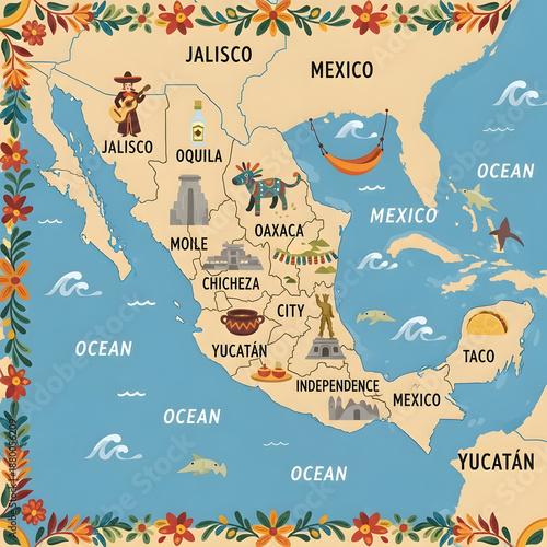 Decorative Mexico Cartoon Map with Cultural Landmarks and States