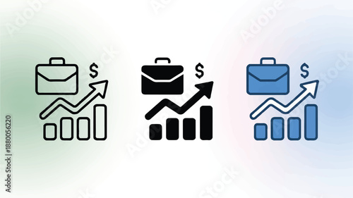 Business growth and finance icons with briefcases and graphs showing profits