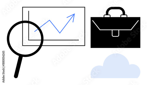 Business strategy, growth analysis, financial success, data security, cloud services, professional tools. Magnifying glass, upward graph briefcase and cloud icon. Business strategy and growth