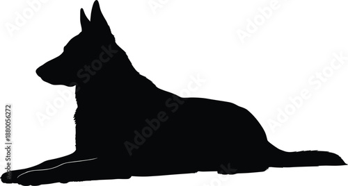 Silhouette of a large dog lying down in profile view with alert ears and a calm posture.