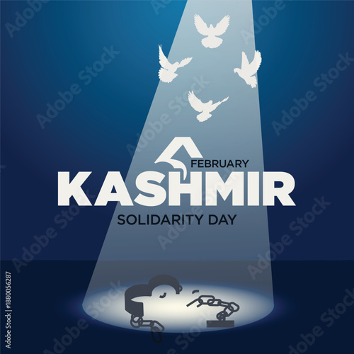 5th February, Kashmir Solidarity Day Illustration with Broken Chains and Peace Doves on Blue Background.