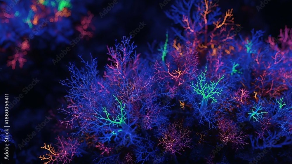Fototapeta premium Vibrant bioluminescent coral reefs glow with otherworldly colors in deep ocean darkness.