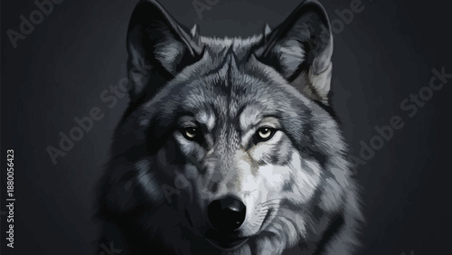 Striking close up portrait of a majestic gray wolf showcasing intense amber eyes and detailed fur texture against a deeply shadowed monochromatic background creating a powerful wildlife illustration