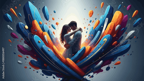 Couple embracing within an explosion of vibrant abstract shapes representing the powerful and dynamic nature of deep romantic love and overwhelming affection in a stylized digital illustration setting