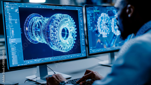 A man is sitting at a desk with three computer monitors displaying digital images of gears and machinery