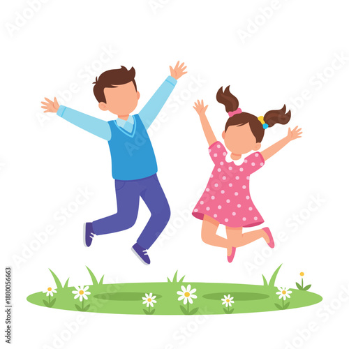 Joyful children jumping with arms raised in a grassy field