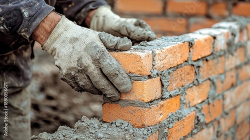 A brick wall being constructed by a worker. The brickwork concept of construction and craftsmanship.