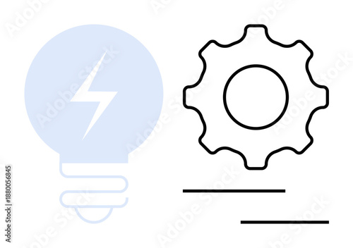 Light bulb with lightning bolt beside gear, symbolizing ideas, innovation, and technological process. Ideal for concepts of creativity, teamwork, automation, solutions, brainstorming strategy