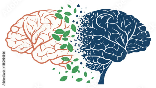 Vibrant brain illustration with green leaves and contrasting hemispheres