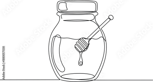 Minimalist continuous line art drawing vividly captures a jar of golden honey with a wooden dipper resting inside showing a single, perfect drop slowly falling towards the surface below.