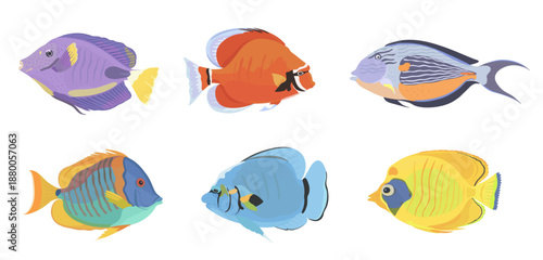 Cute tropical carton Fish illustration isolated on white background. Vector hand drawn icon set.
