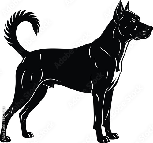 Standing dog silhouette with unique curled tail vector illustration for pet breeding services canine sports and animal rescue branding designs.