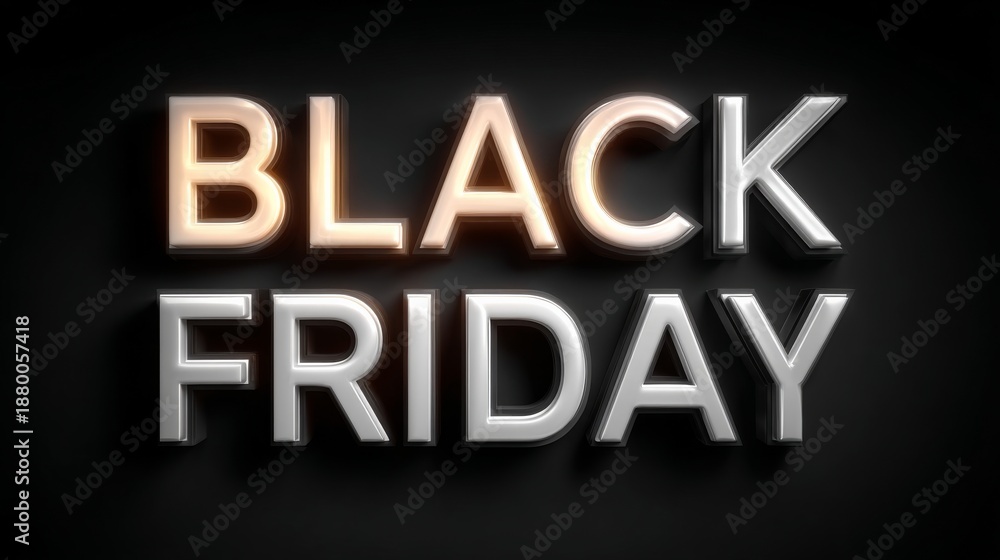 Fototapeta premium The words BLACK FRIDAY in a striking 3D font, with a dark background. The scene exudes anticipation and excitement for a shopping event.