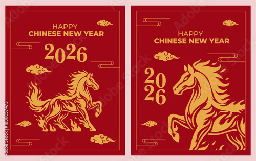 Happy Chinese New Year 2026. Year of the Horse. Social media red poster banner templates. Modern illustration