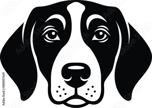 Symmetrical black and white dog head portrait featuring a Beagle or Hound breed with drooping ears and facial blaze.