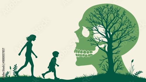 Mother and child walking past symbolic tree of life in human skull