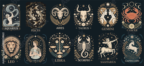 Mystical tarot style illustration of the twelve zodiac signs arranged in a grid with ornate celestial frames on a dark teal background.