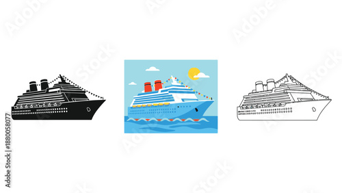 Collection of diverse cruise ship icons showing solid black outline and colorful illustrations