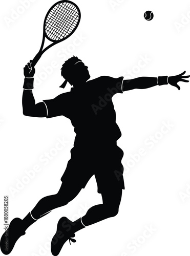 Dynamic tennis player swinging racket silhouette isolated on transparent background, Vector