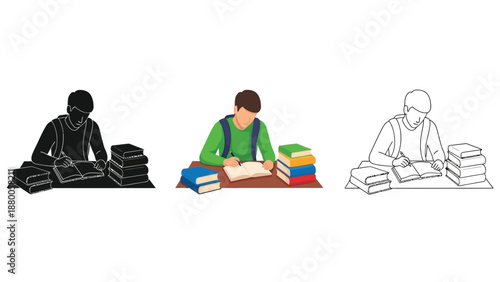 Student focused on writing in open book surrounded by multiple stacks of academic textbooks