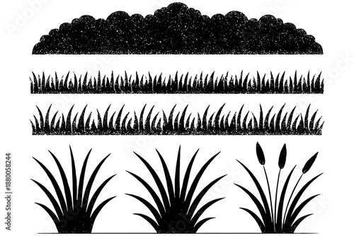 set of silhouettes of grass,
Forest Line CAD Ground Cover – Grass Section Side View Clean Minimal Vector