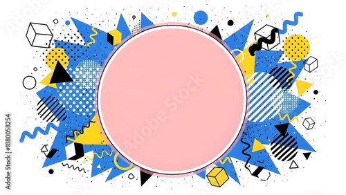Abstract geometric memphis style circle frame with retro shapes and colors on a white background