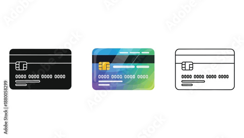 Set of three distinct credit card icons representing payment options in various design styles