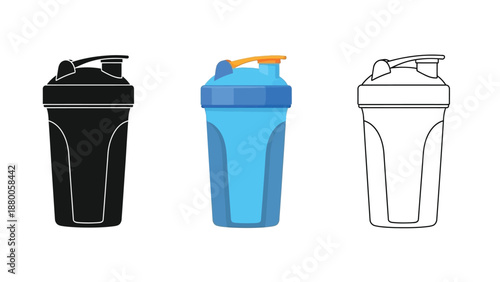 Set of three shaker bottle icons representing different graphic styles for fitness enthusiasts