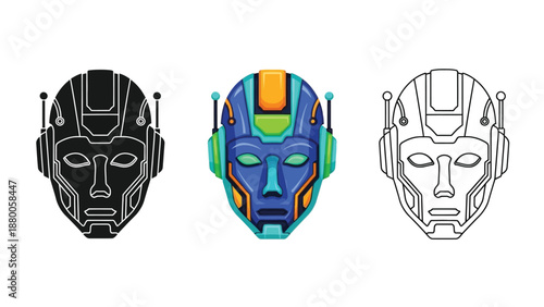 Collection of three stylized futuristic robot head illustrations showing color icon and outline versions