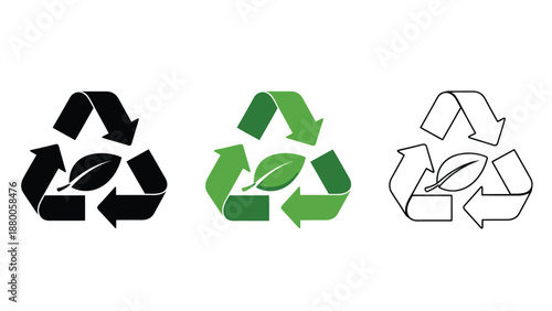 Collection of eco friendly recycling symbols featuring a green leaf icon in different styles