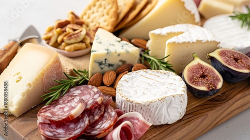 A charcuterie board shows various cheeses, meats, nuts, and fruits ready for guests at an event in the afternoon
