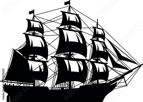 Sailing ship vector silhouette black and white cricut design for maritime decor