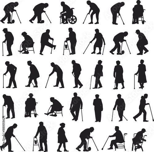 Elderly people silhouettes set showing aging stages mobility aids walking canes wheelchairs seniors daily activities flat vector icons