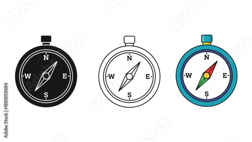 Collection of three navigation compass icons showing direction finding in various graphic styles