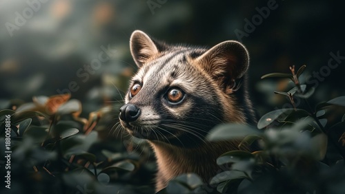 Curious civet peeking through lush green foliage in a forest setting