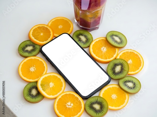 Smartphone mockup  surrounded by sliced oranges and kiwis with a drink