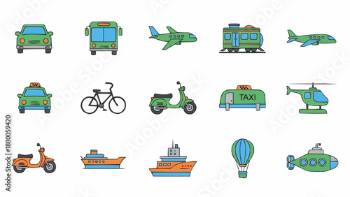 Collection of various transportation vehicles and modes of travel.