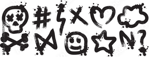 Graffiti icons with spray paint effect. Urban graffiti spray paint element set. Street art icons with drips, splatters, and grunge texture.