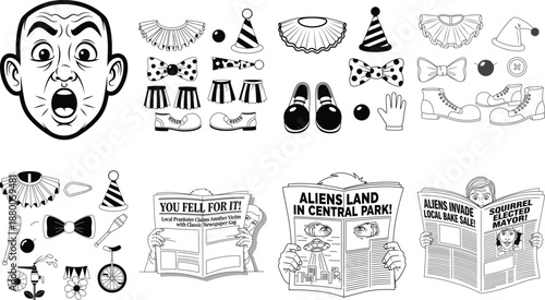 Black and white of clown face and various clown accessories with people reading newspapers